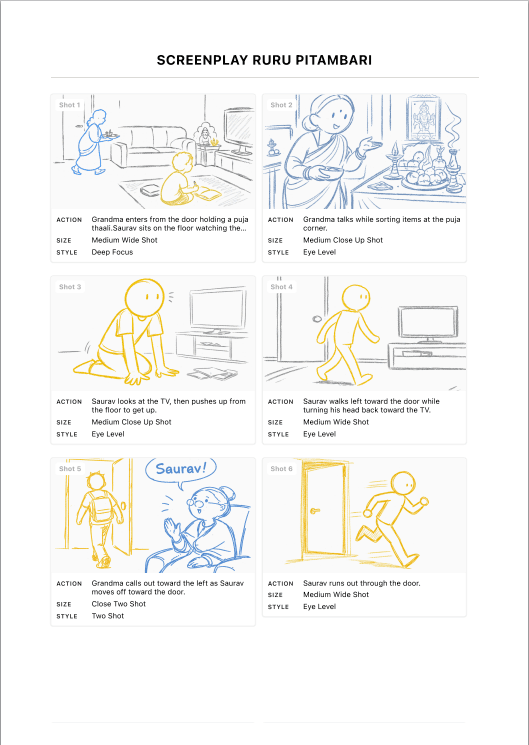 Exported storyboard PDF with frames, action descriptions, and shot metadata
